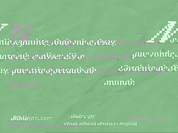 No dia seguinte, João viu a Jesus, que vinha para ele, e disse: Eis o Cordeiro de Deus, que tira o pecado do mundo.