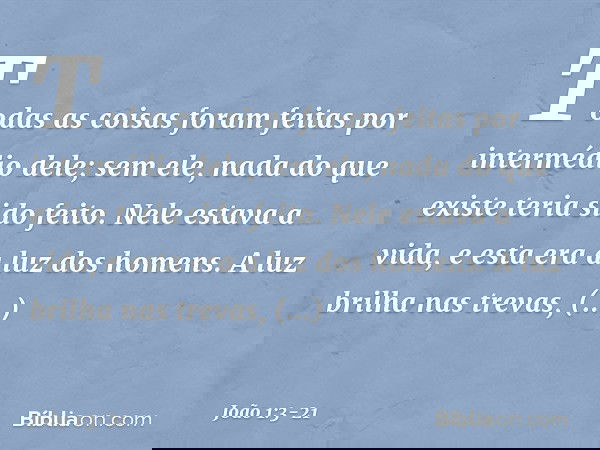 Todas as coisas foram feitas por intermédio dele; sem ele, nada do que existe teria sido feito. Nele estava a vida, e esta era a luz dos homens. A luz brilha na