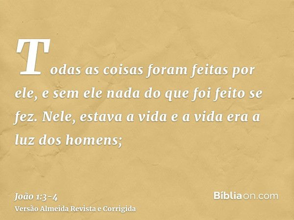 Todas as coisas foram feitas por ele, e sem ele nada do que foi feito se fez.Nele, estava a vida e a vida era a luz dos homens;