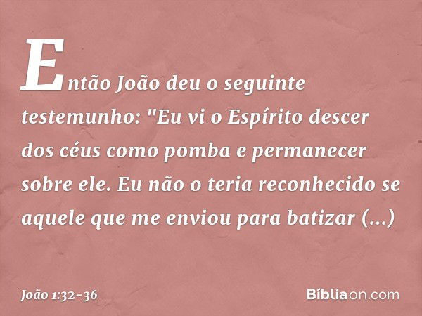 Então João deu o seguinte testemunho: "Eu vi o Espírito descer dos céus como pomba e permanecer sobre ele. Eu não o teria reconhecido se aquele que me enviou pa