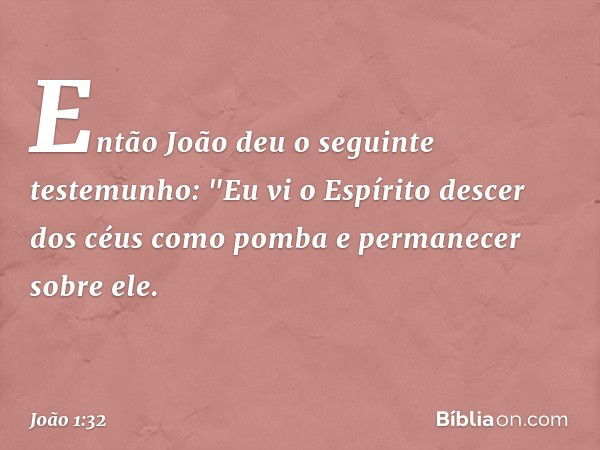 Então João deu o seguinte testemunho: "Eu vi o Espírito descer dos céus como pomba e permanecer sobre ele. -- João 1:32