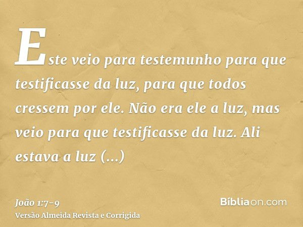 Este veio para testemunho para que testificasse da luz, para que todos cressem por ele.Não era ele a luz, mas veio para que testificasse da luz.Ali estava a luz