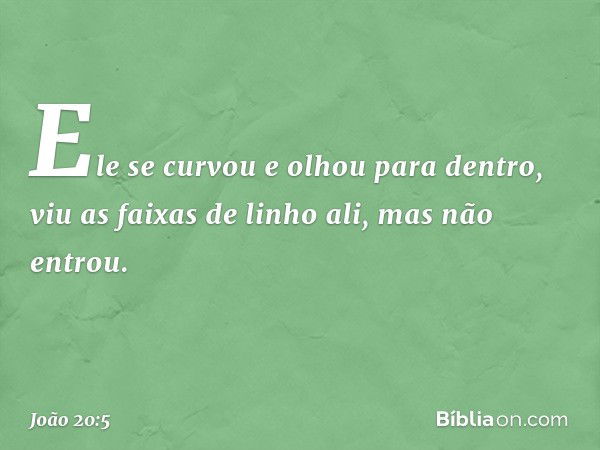 Ele se curvou e olhou para dentro, viu as faixas de linho ali, mas não entrou. -- João 20:5