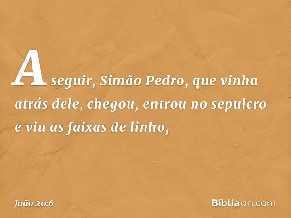 A seguir, Simão Pedro, que vinha atrás dele, chegou, entrou no sepulcro e viu as faixas de linho, -- João 20:6