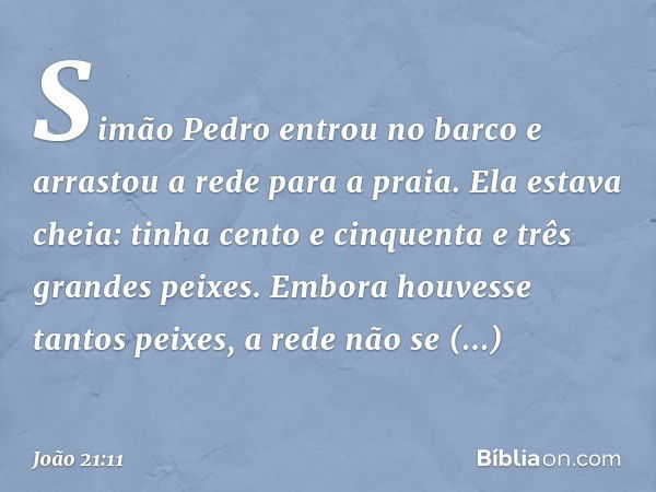 Simão Pedro entrou no barco e arrastou a rede para a praia. Ela estava cheia: tinha cento e cinquenta e três grandes peixes. Embora houvesse tantos peixes, a re