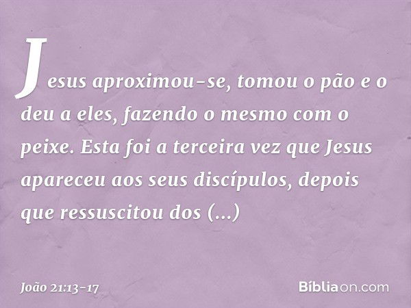 Jesus aproximou-se, tomou o pão e o deu a eles, fazendo o mesmo com o peixe. Esta foi a terceira vez que Jesus apareceu aos seus discípulos, depois que ressusci