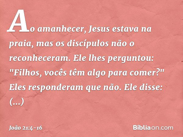 Ao amanhecer, Jesus estava na praia, mas os discípulos não o reconheceram. Ele lhes perguntou: "Filhos, vocês têm algo para comer?"
Eles responderam que não. El