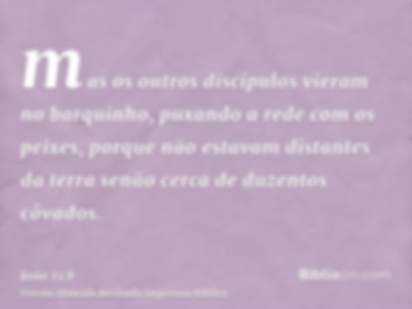 mas os outros discípulos vieram no barquinho, puxando a rede com os peixes, porque não estavam distantes da terra senão cerca de duzentos côvados.