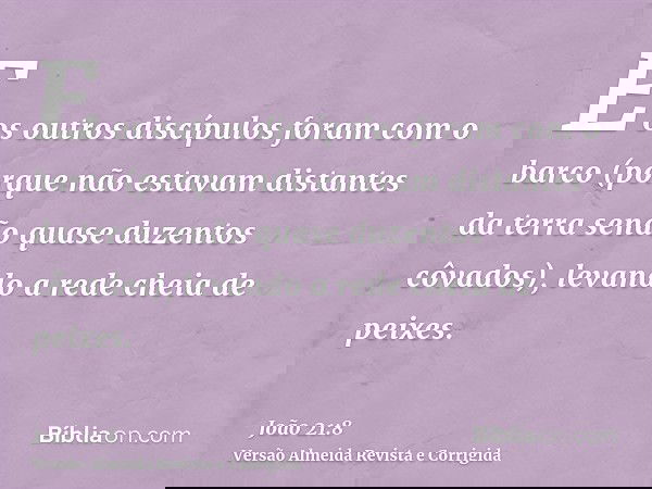 E os outros discípulos foram com o barco (porque não estavam distantes da terra senão quase duzentos côvados), levando a rede cheia de peixes.