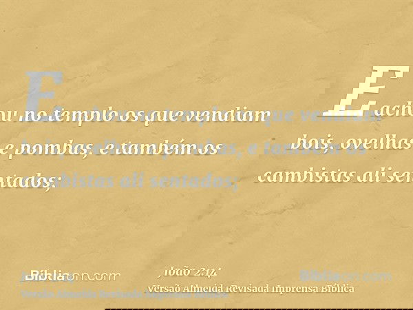 E achou no templo os que vendiam bois, ovelhas e pombas, e também os cambistas ali sentados;