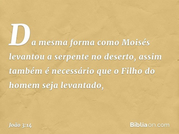 Da mesma forma como Moisés levantou a serpente no deserto, assim também é necessário que o Filho do homem seja levantado, -- João 3:14