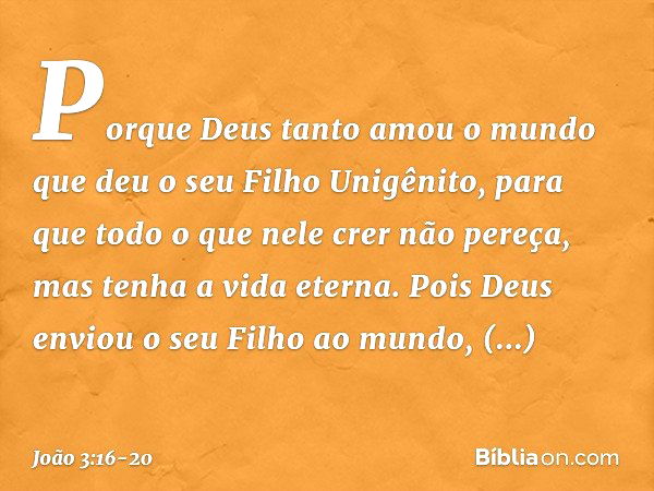 "Porque Deus tanto amou o mundo que deu o seu Filho Unigênito, para que todo o que nele crer não pereça, mas tenha a vida eterna. Pois Deus enviou o seu Filho a