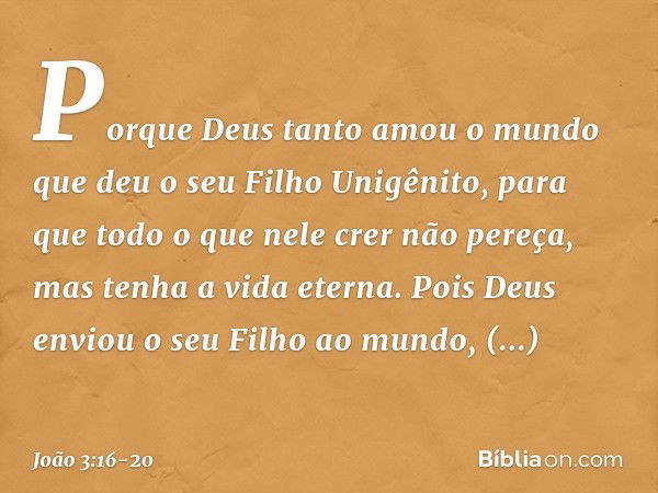 "Porque Deus tanto amou o mundo que deu o seu Filho Unigênito, para que todo o que nele crer não pereça, mas tenha a vida eterna. Pois Deus enviou o seu Filho a