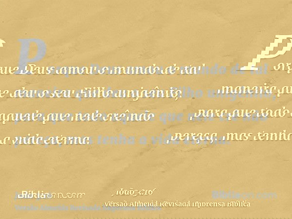 Porque Deus amou o mundo de tal maneira que deu o seu Filho unigênito, para que todo aquele que nele crê não pereça, mas tenha a vida eterna.
