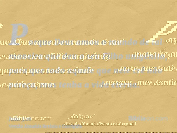 Porque Deus amou o mundo de tal maneira que deu o seu Filho unigênito, para que todo aquele que nele crê não pereça, mas tenha a vida eterna.