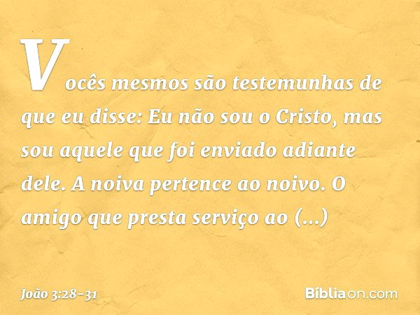 Vocês mesmos são testemunhas de que eu disse: Eu não sou o Cristo, mas sou aquele que foi enviado adiante dele. A noiva pertence ao noivo. O amigo que presta se