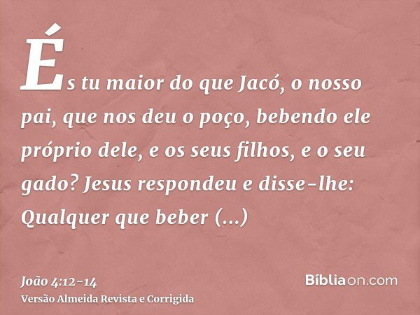 És tu maior do que Jacó, o nosso pai, que nos deu o poço, bebendo ele próprio dele, e os seus filhos, e o seu gado?Jesus respondeu e disse-lhe: Qualquer que beb