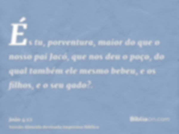 És tu, porventura, maior do que o nosso pai Jacó, que nos deu o poço, do qual também ele mesmo bebeu, e os filhos, e o seu gado?.