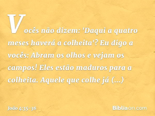 Vocês não dizem: 'Daqui a quatro meses haverá a colheita'? Eu digo a vocês: Abram os olhos e vejam os campos! Eles estão maduros para a colheita. Aquele que col