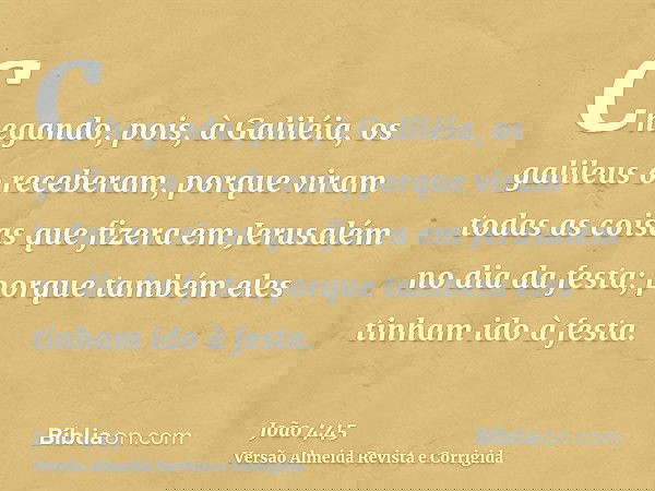 Chegando, pois, à Galiléia, os galileus o receberam, porque viram todas as coisas que fizera em Jerusalém no dia da festa; porque também eles tinham ido à festa