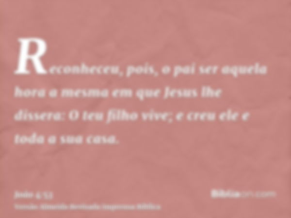 Reconheceu, pois, o pai ser aquela hora a mesma em que Jesus lhe dissera: O teu filho vive; e creu ele e toda a sua casa.