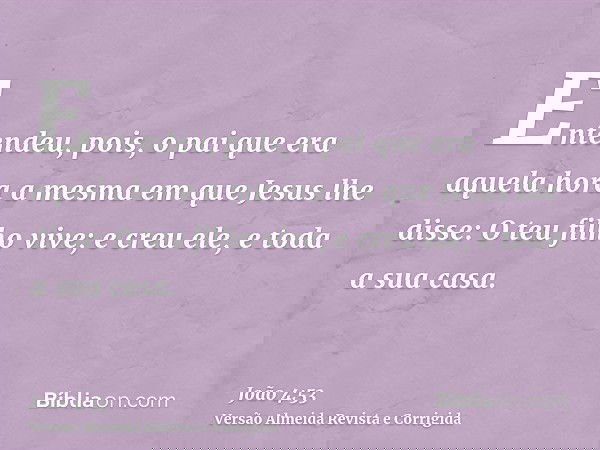 Entendeu, pois, o pai que era aquela hora a mesma em que Jesus lhe disse: O teu filho vive; e creu ele, e toda a sua casa.