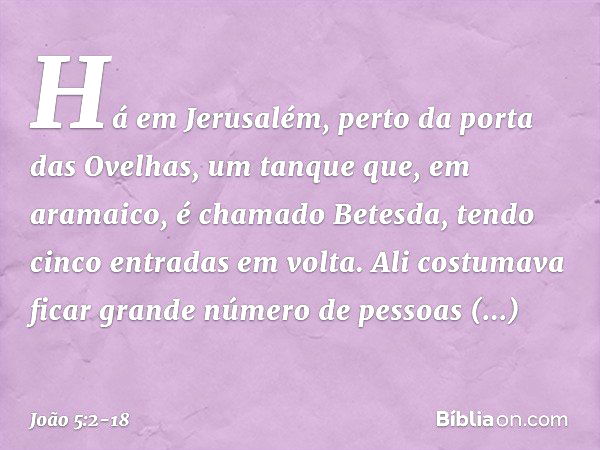 Há em Jerusalém, perto da porta das Ovelhas, um tanque que, em aramaico, é chamado Betesda, tendo cinco entradas em volta. Ali costumava ficar grande número de 