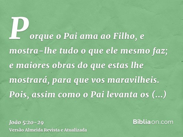 Porque o Pai ama ao Filho, e mostra-lhe tudo o que ele mesmo faz; e maiores obras do que estas lhe mostrará, para que vos maravilheis.Pois, assim como o Pai lev