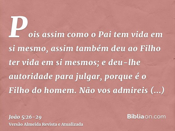 Pois assim como o Pai tem vida em si mesmo, assim também deu ao Filho ter vida em si mesmos;e deu-lhe autoridade para julgar, porque é o Filho do homem.Não vos 