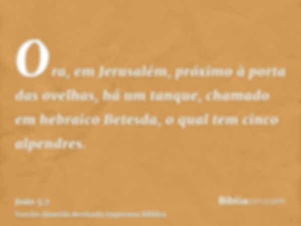 Ora, em Jerusalém, próximo à porta das ovelhas, há um tanque, chamado em hebraico Betesda, o qual tem cinco alpendres.