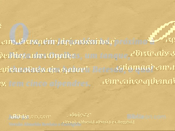 Ora, em Jerusalém há, próximo à Porta das Ovelhas, um tanque, chamado em hebreu Betesda, o qual tem cinco alpendres.