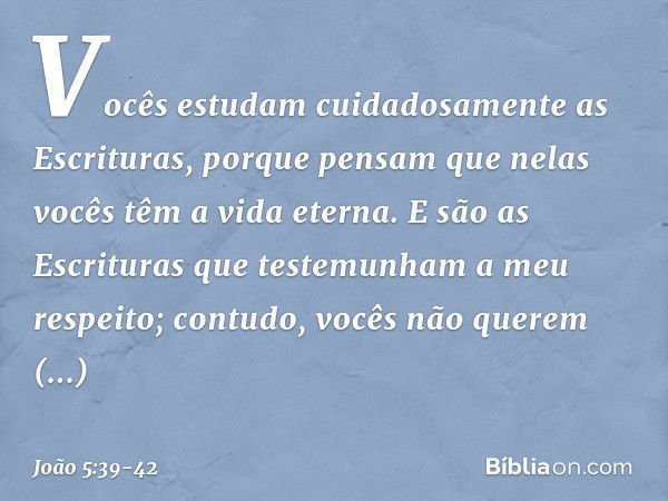 Vocês estudam cuidadosamente as Escrituras, porque pensam que nelas vocês têm a vida eterna. E são as Escrituras que testemunham a meu respeito; contudo, vocês 