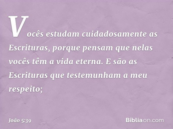 Vocês estudam cuidadosamente as Escrituras, porque pensam que nelas vocês têm a vida eterna. E são as Escrituras que testemunham a meu respeito; -- João 5:39