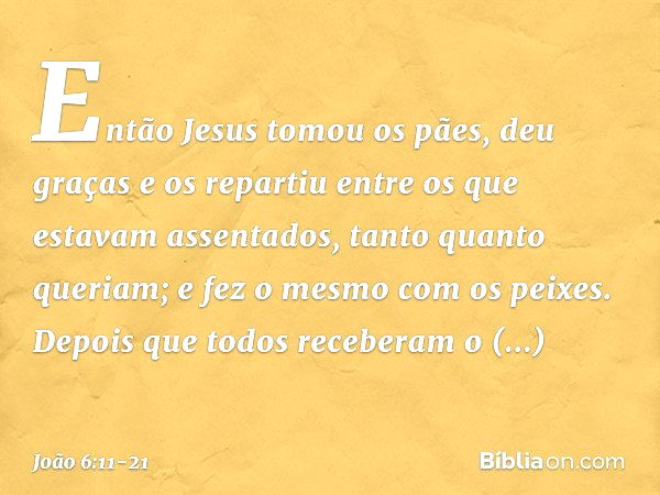 Então Jesus tomou os pães, deu graças e os repartiu entre os que estavam assentados, tanto quanto queriam; e fez o mesmo com os peixes. Depois que todos receber