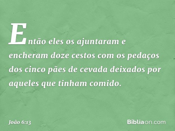 Então eles os ajuntaram e encheram doze cestos com os pedaços dos cinco pães de cevada deixados por aqueles que tinham comido. -- João 6:13