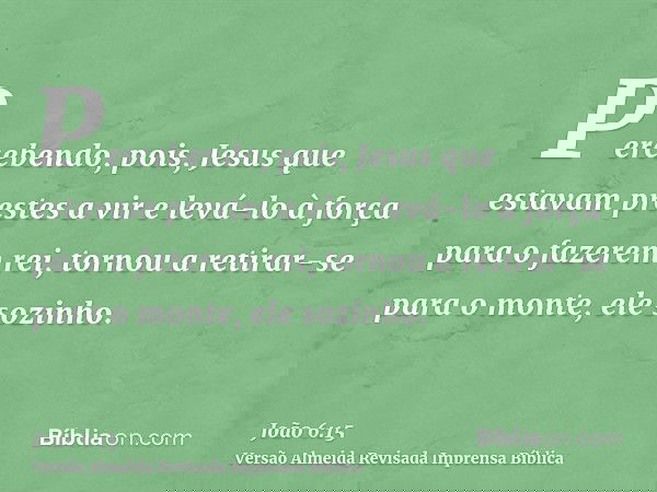 Percebendo, pois, Jesus que estavam prestes a vir e levá-lo à força para o fazerem rei, tornou a retirar-se para o monte, ele sozinho.