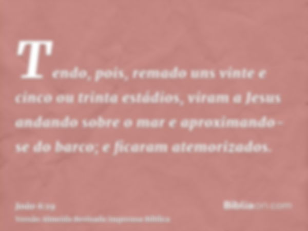 Tendo, pois, remado uns vinte e cinco ou trinta estádios, viram a Jesus andando sobre o mar e aproximando-se do barco; e ficaram atemorizados.