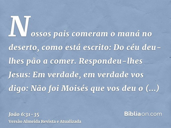 Nossos pais comeram o maná no deserto, como está escrito: Do céu deu-lhes pão a comer.Respondeu-lhes Jesus: Em verdade, em verdade vos digo: Não foi Moisés que 