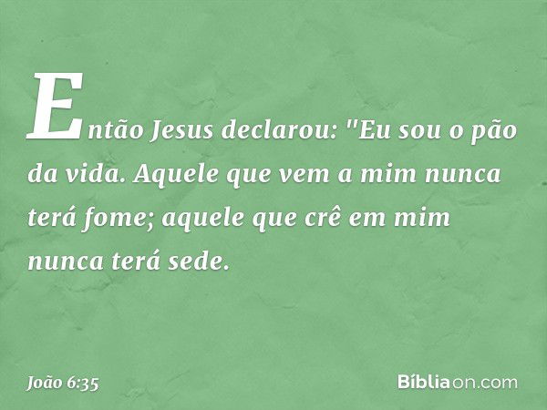 Então Jesus declarou: "Eu sou o pão da vida. Aquele que vem a mim nunca terá fome; aquele que crê em mim nunca terá sede. -- João 6:35