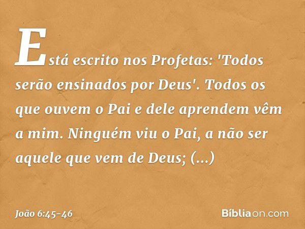 Está escrito nos Profetas: 'Todos serão ensinados por Deus'. Todos os que ouvem o Pai e dele aprendem vêm a mim. Ninguém viu o Pai, a não ser aquele que vem de 