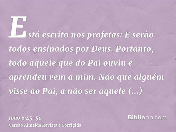 Está escrito nos profetas: E serão todos ensinados por Deus. Portanto, todo aquele que do Pai ouviu e aprendeu vem a mim.Não que alguém visse ao Pai, a não ser 