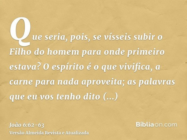 Que seria, pois, se vísseis subir o Filho do homem para onde primeiro estava?O espírito é o que vivifica, a carne para nada aproveita; as palavras que eu vos te