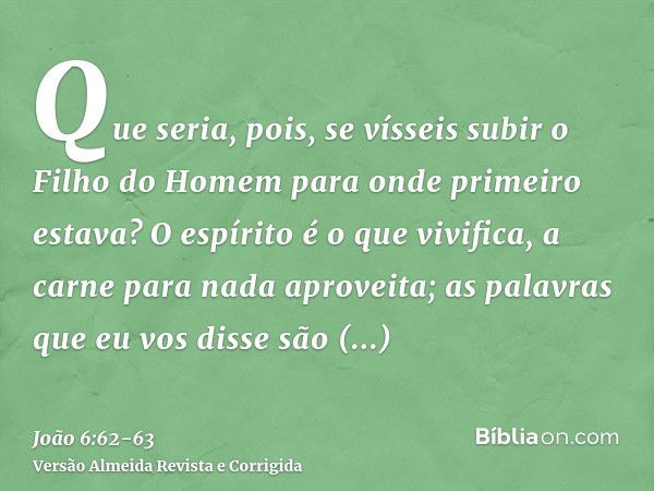 Que seria, pois, se vísseis subir o Filho do Homem para onde primeiro estava?O espírito é o que vivifica, a carne para nada aproveita; as palavras que eu vos di