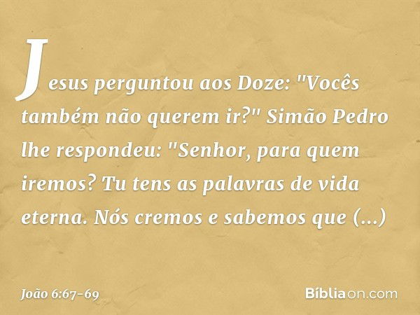 Jesus perguntou aos Doze: "Vocês também não querem ir?" Simão Pedro lhe respondeu: "Senhor, para quem iremos? Tu tens as palavras de vida eterna. Nós cremos e s