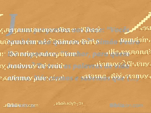 Jesus perguntou aos Doze: "Vocês também não querem ir?" Simão Pedro lhe respondeu: "Senhor, para quem iremos? Tu tens as palavras de vida eterna. Nós cremos e s