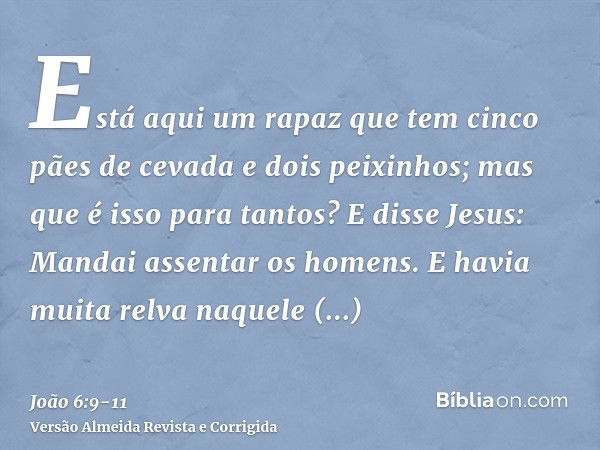 Está aqui um rapaz que tem cinco pães de cevada e dois peixinhos; mas que é isso para tantos?E disse Jesus: Mandai assentar os homens. E havia muita relva naque