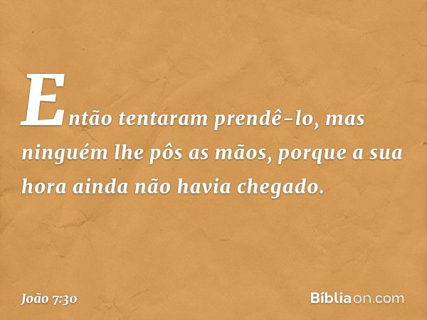 Então tentaram prendê-lo, mas ninguém lhe pôs as mãos, porque a sua hora ainda não havia chegado. -- João 7:30