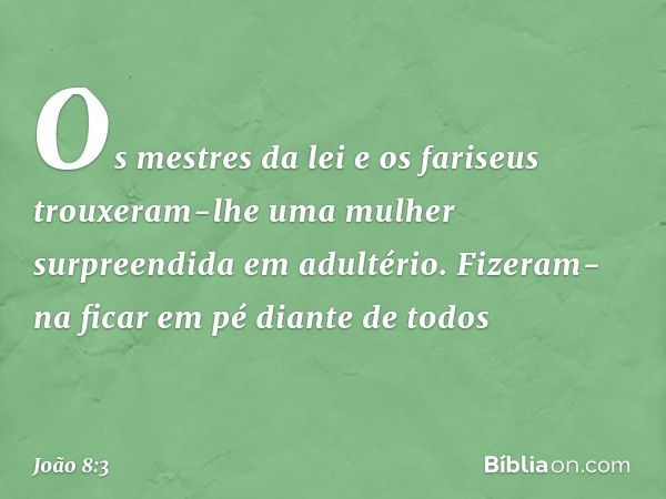 Os mestres da lei e os fariseus trouxeram-lhe uma mulher surpreendida em adultério. Fizeram-na ficar em pé diante de todos -- João 8:3