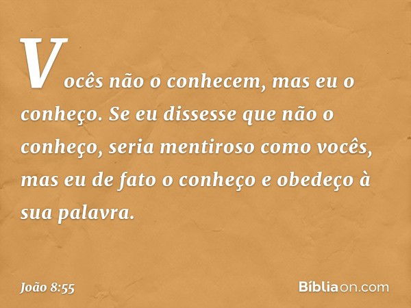 Vocês não o conhecem, mas eu o conheço. Se eu dissesse que não o conheço, seria mentiroso como vocês, mas eu de fato o conheço e obedeço à sua palavra. -- João 