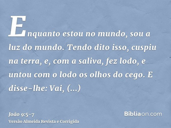 Enquanto estou no mundo, sou a luz do mundo.Tendo dito isso, cuspiu na terra, e, com a saliva, fez lodo, e untou com o lodo os olhos do cego.E disse-lhe: Vai, l